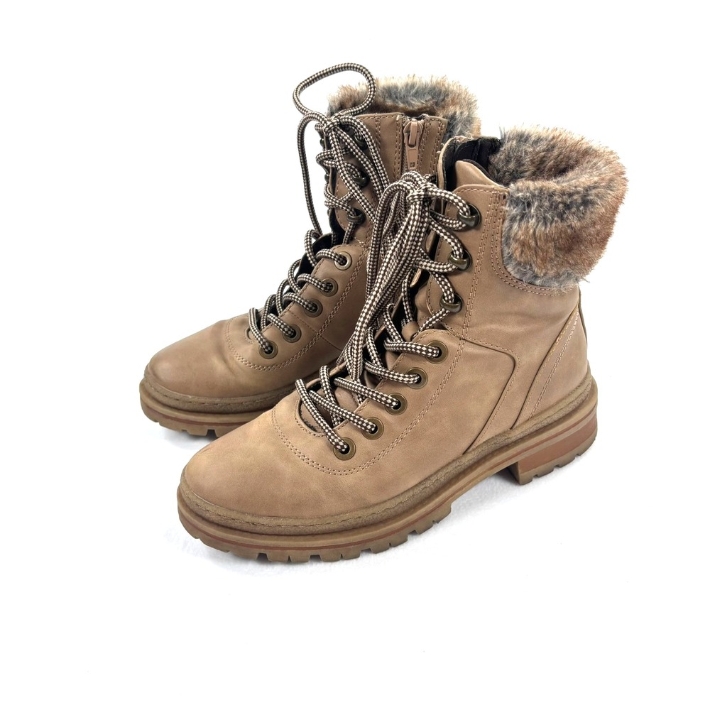 Steve Madden Combat Boots‎ Brown Tan Faux Fur Trim Womens Sz 7 Grunge Y2K Earthy